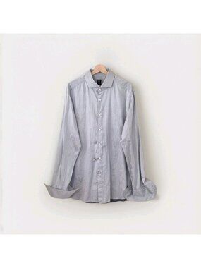 Hugo Boss Slim Fit Shirt US 18 Grey Herringbone Tailored Line Tessitura Monti
